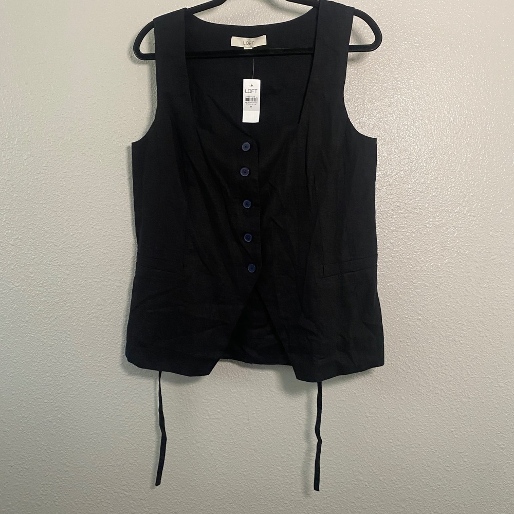 NTW Loft Black Vest Medium Linen Blend Minimalist Tie Back Classic Versatile